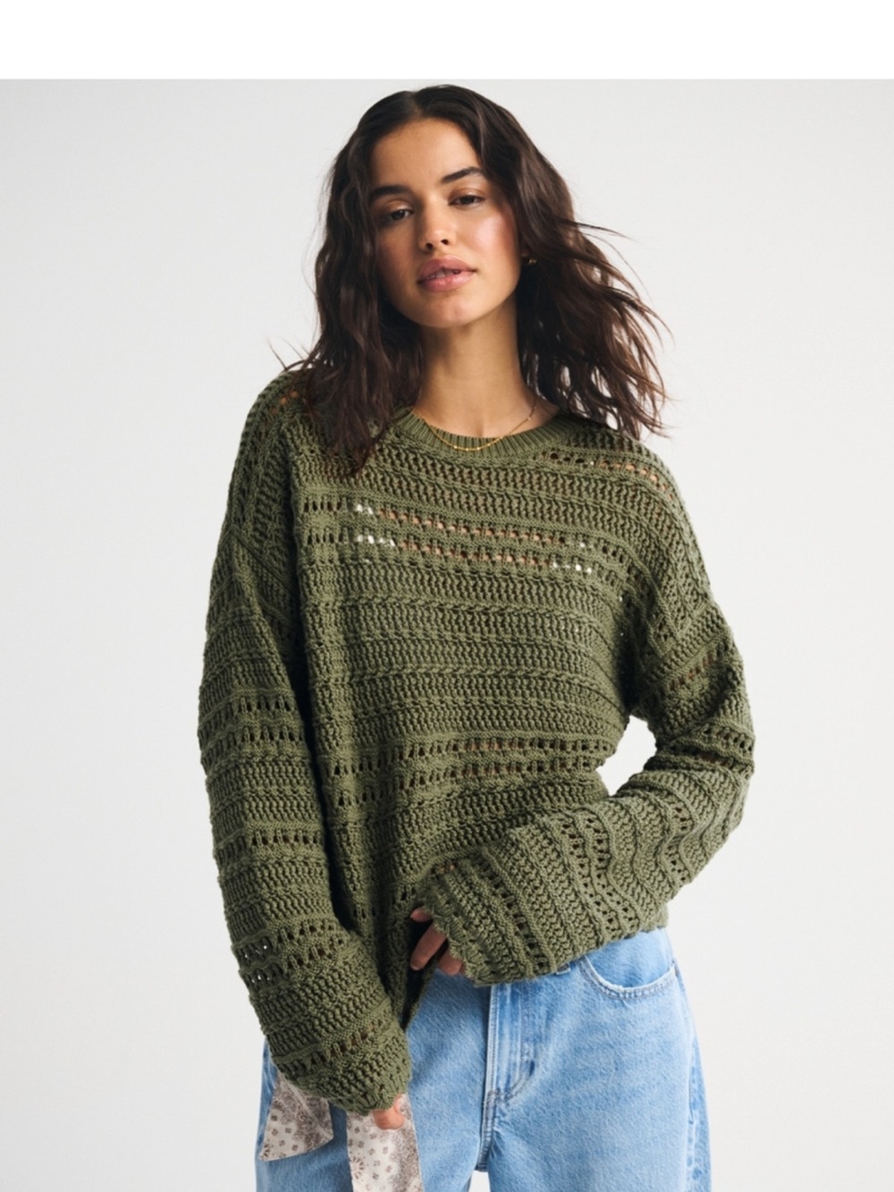 NWT Abercrombie Textural Open-Stitch Crew Sweater, XS - Olive